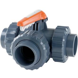 U-PVC 3 way ball valve, adjustable L-pattern, socket 63mm