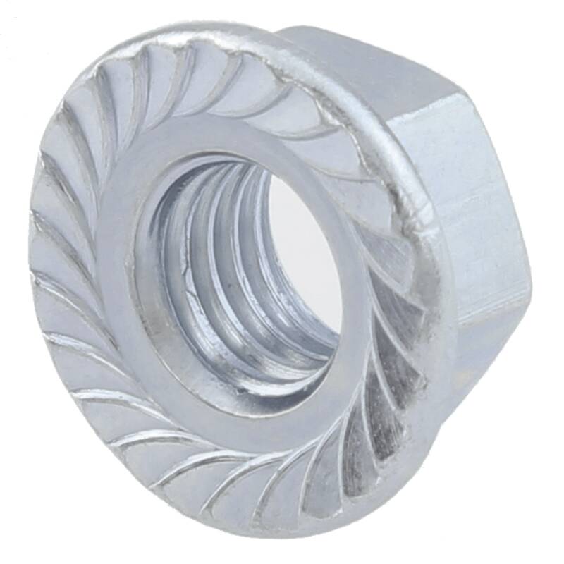 Zinc-coated steel hexagon nut with flange and serration sim.DIN 6923