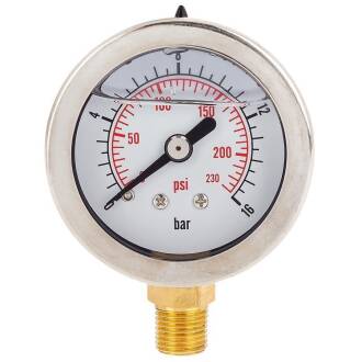 Manometer 1 1/2" V2A Glyzerinfüllung Anschluss radial 1/8" Aussengewinde Messing 0 - 6 bar