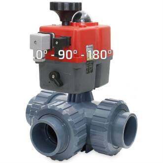 U-PVC 3 way solvent ball valve with electrical actuator 24 - 240 AC/DC with T-pattern L-Bohrung Klebemuffe 75mm