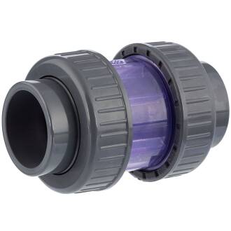 PVC-U non-return valve, transparent ball valve, 2-way union nut, solvent socket, 40mm