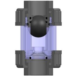 PVC-U non-return valve, transparent ball valve, 2-way union nut, solvent socket, 40mm