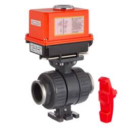 PVC-U 2Wege Kugelhahn PTFE mit elektrischem Stellantrieb - 2fach Innengewinde verst&auml;rkt