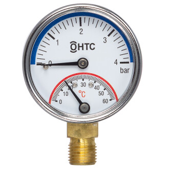 HTC© Manometer 2", 0 - 4bar, 0 - 60°C,  radial 1/4" Aussengewinde Messing 1/4"