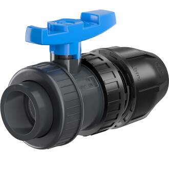PVC-U ball valve HDPE double union glue socket x PP clamp for PE pipe