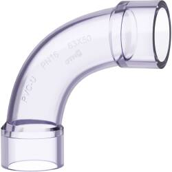 PVC-U Bogen 90&deg; Transparent, Spritzguss PN 16, 2fach Klebemuffe