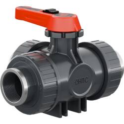 PVC-U 3Wege Kugelhahn Industrie T-Bohrung 3fach Innengewinde verst&auml;rkt