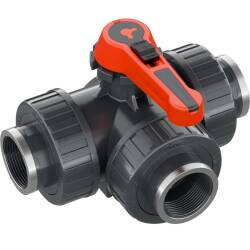 PVC-U 3Wege Kugelhahn Industrie L-Bohrung 3fach Innengewinde verst&auml;rkt