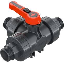 PVC-U 3Wege Kugelhahn Industrie T-Bohrung 3fach Aussengewinde